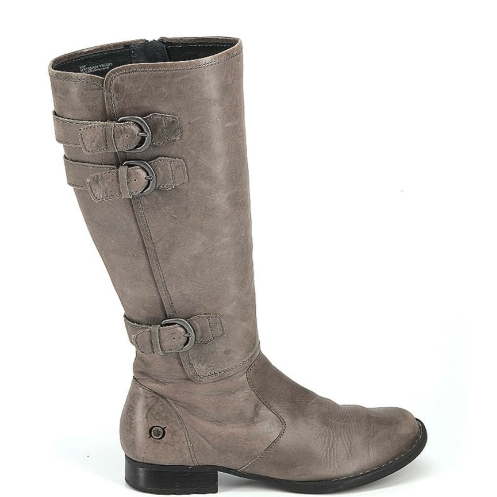 Born Gray Heeled Boots with Decorative Buckles